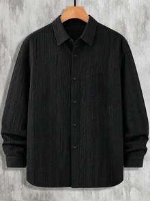Men's Plus Size Shirt, Autumn Knit Textured Fabric Casual Plus Size Top, Solid Color Single-Breasted Long Sleeve Plus Size Men's Clothing - Black - View 3