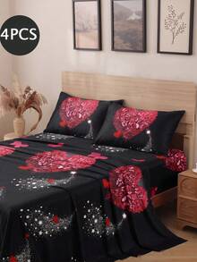 4-Piece Black Rose Heart Pattern Bedding Set, Easy Care Soft Bedding, Floral Fitted Sheet Set (1 Flat Sheet + 1 Fitted Sheet + 2 Pillowcases), Deep Pocket Fits Up To 11.8 Inches, Soft And Breathable, Suitable For Back To School Dorm Bedding - Black - View 5
