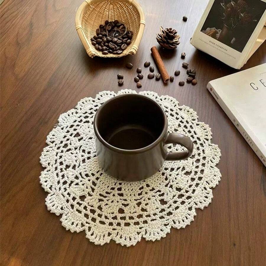 1/2/4pcs Japanese Style Woven Mesh Coasters, Food Plate Heat Insulation Decorative Background Mats - Beige - View 1