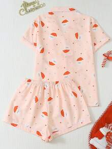 2pcs Comfortable Santa Claus Polka Dot Print Short Sleeve Lapel Top And Bow Shorts Women's Pajama Set - Pink - View 2