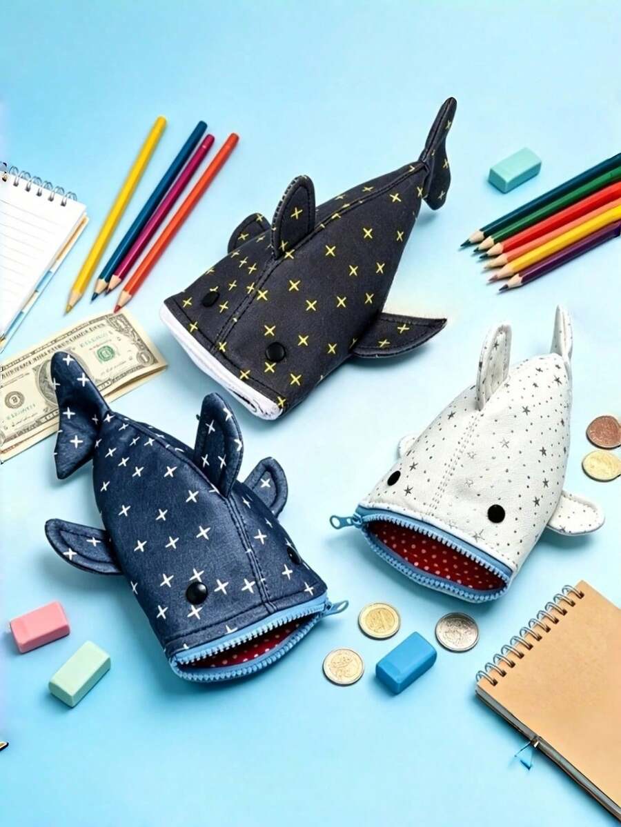 1pc Shark Shaped Pencil Case With Fun Star Pattern, Suitable For Teens And Office Use, Teen Stationery Storage Bag - Multicolor - View 1