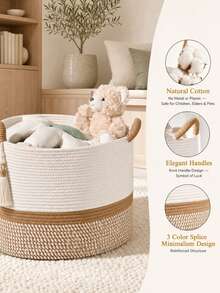 1pc Large 3-Color Cotton Rope Laundry Basket With Dual Handles, Soft Foldable Round Storage Bin For Blankets, Towels, Clothes, Toys And Pillows, Bohemian Style Bedroom, Bathroom, Nursery, Laundry Room And Dorm Storage Basket - Brown - View 5