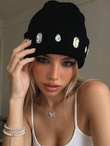 1pc Colorful Rhinestone Beanie Knit Hat Punk Style With Rhinestones Autumn/Winter Fashion Versatile Couple Hat Warm Hat Suitable For Daily Wear, Home, Outdoor, Cycling, Fishing (Rhinestone Color And Position Random) - Multicolor-d - View 3