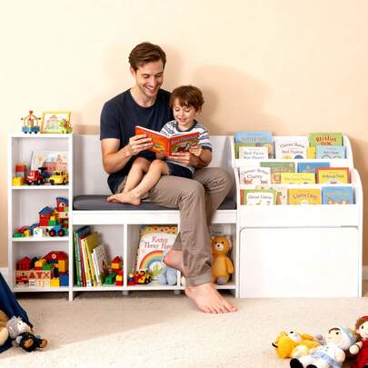 Kids Reading Nook, Wooden Storage Bench With Backrest, Kids Bookshelf & Toy Organizer, Large Toy Box Chest For Playroom, Living Room Or Entryway, Easy Assembly, 66.9 X 15.8 X 31.5 In, White