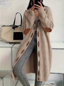 Women's Boho Open Front Long Cardigan,Cable Knit Patchwork Elbow Patch Loose Fit Sweater Coat For Fall&Winter /Going Outfit/Office/Work/Helloween - Pink - View 2