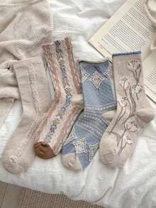 4 Pairs Women's Mid-Calf Socks, Early Autumn New Vintage 3D Floral Embossed Textured Long Socks, Artistic Girl Slouch Socks, Random Assortment - Multicolor - View 8