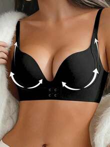 Women's Seamless Bra, Strong Push-Up, Wire-Free Push-Up Bra, Designed For Small Bust, Makes Bust Look More Petite Wireless, Back Button Design, Comfortable To Wear, Seamless Anti-Sagging Bra - Black - View 4
