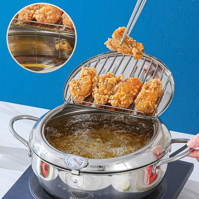 24cm 3.4L Japanese Tempura Deep Fryer Pot, Stove‑Top Frying Pot Built‑In Thermometer And Oil Drainer Rack For Home Use