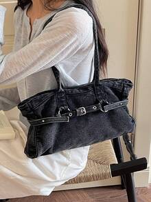 Fashionable Vintage Black Underarm Large Bag, Unique Buckle Design Women's Bag, Relaxed Street Style Shoulder Tote Bag, Suitable For University, Commuting, Shopping, Strolling, Daily Use. - Black - View 4