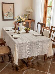 1pc Lace Tablecloth, Scalloped Hem Decor, Polyester Fabric, Jacquard Floral Pattern, Rectangular Square Round Tablecloth, Suitable For Patio Garden Tea Table Dining Room Living Room Tabletop Decoration - Apricot - View 5