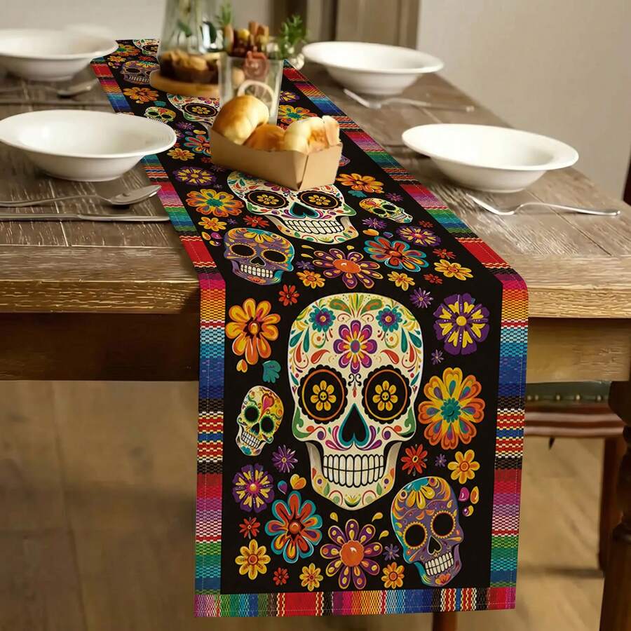 1pc Floral Sugar Skull Mexican Day Of The Dead Table Runner, Halloween Table Runner, Day Of The Dead Kitchen Dining Table Decor, Home Party Decoration - Multicolor - View 1