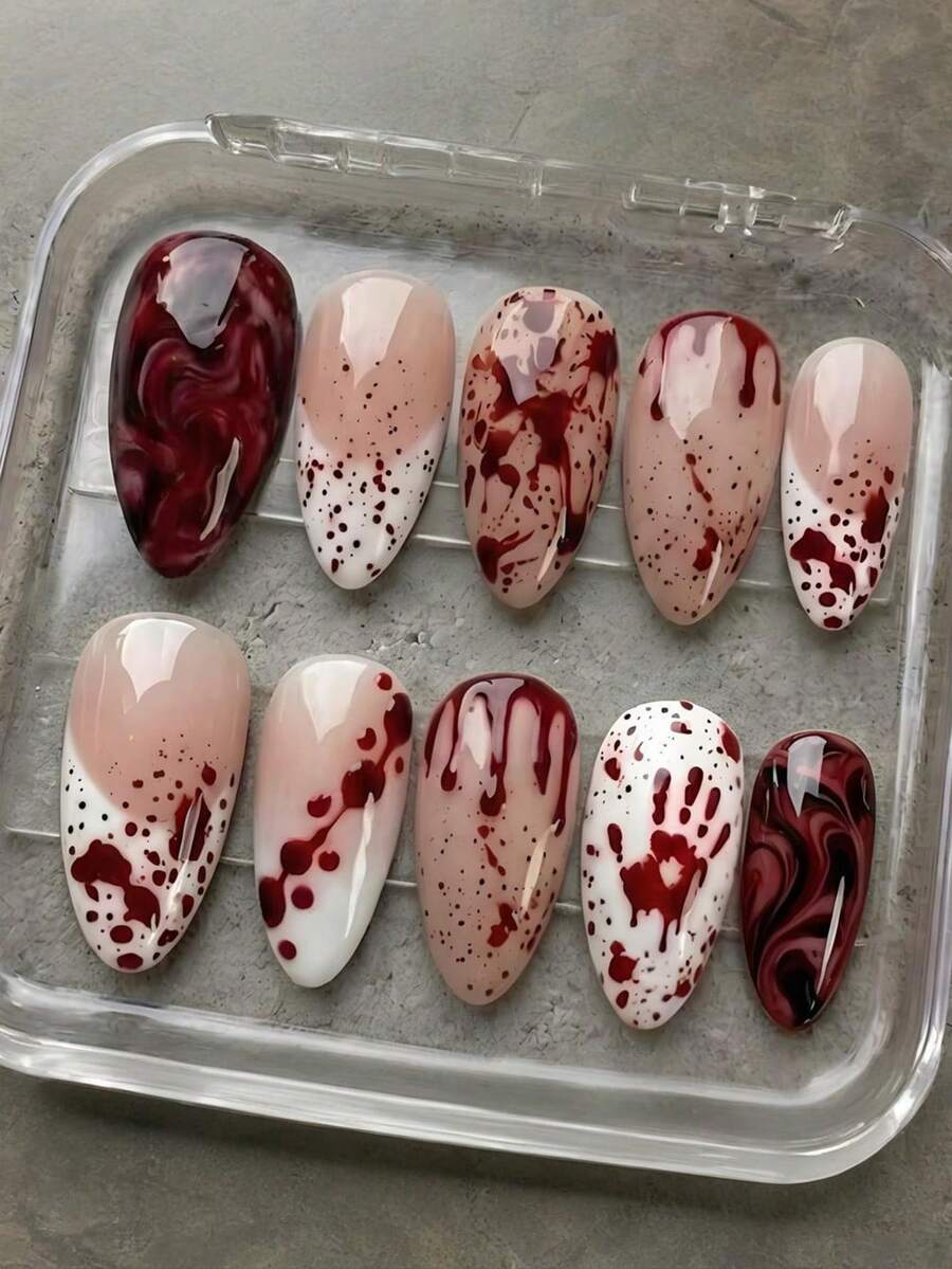 10pcs Medium Almond Shaped Press-On Nails, Halloween White French Tip ...