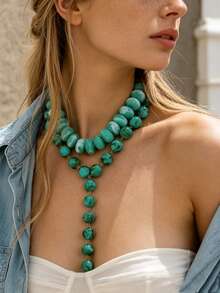 OABE Autumn Outfit 2pcs/Set Bohemian Style Vintage Mint Green Mixed Beaded Necklace Set Includes 1 Choker Necklace And 1 Y-Shaped Necklace Suitable For Women's Daily Wear - Multicolor - View 1