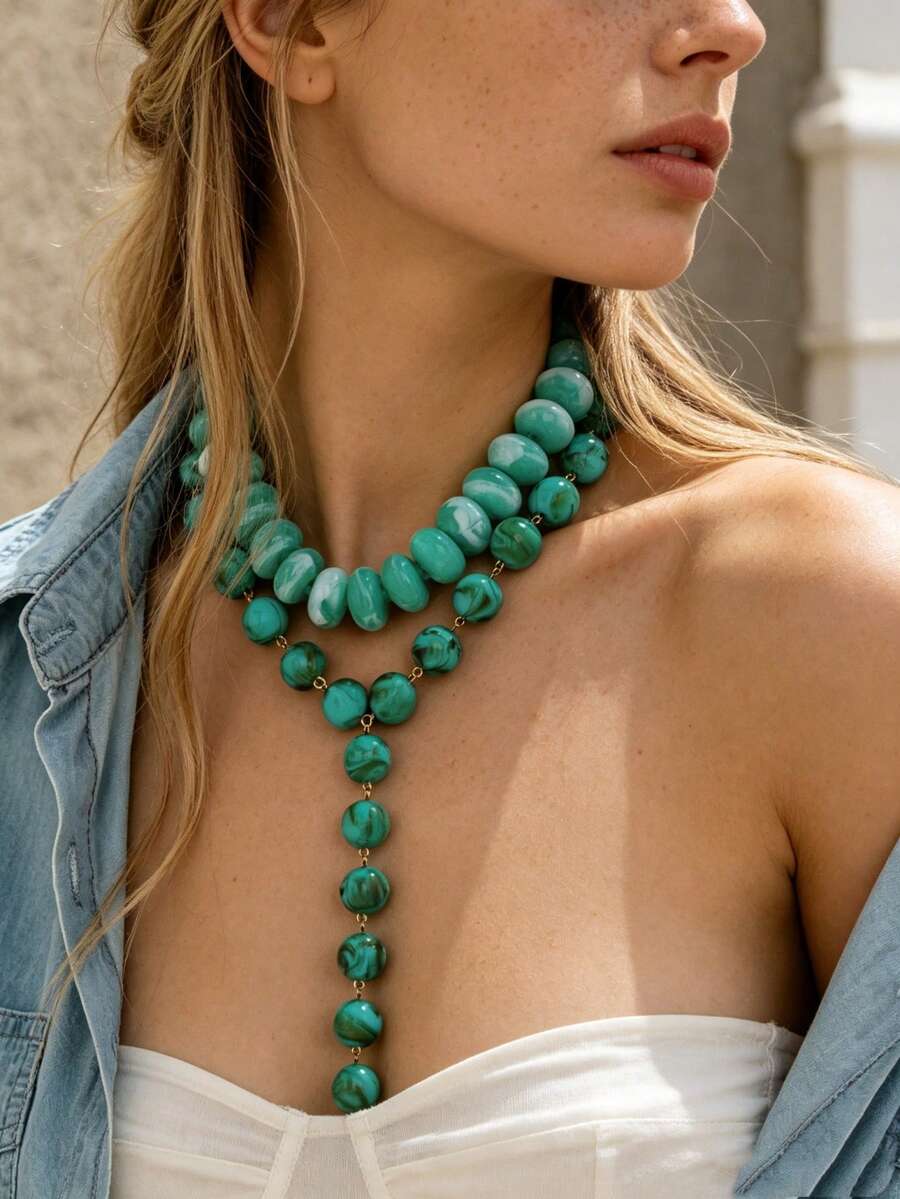 OABE Autumn Outfit 2pcs/Set Bohemian Style Vintage Mint Green Mixed Beaded Necklace Set Includes 1 Choker Necklace And 1 Y-Shaped Necklace Suitable For Women's Daily Wear - Multicolor - View 1