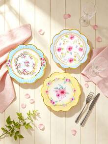 10pcs/60pcs/120pcs 7.28 Inch Floral Paper Plates, 6 Styles Gold Foil Rimmed Party Paper Plates, Pink/Blue/Yellow/White Flower Decor Paper Plates Suitable For Wedding, Bridal Shower, Birthday Tea Party, Paper Plates For Appetizers, Desserts, Snacks, Suitable For Large Gatherings - Multicolor - View 6