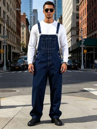 Mono de mezclilla azul oscuro para hombre talla grande, tirantes ajustables y diseño de múltiples bolsillos, overol de pierna ancha estilo casual urbano, versátil para todas las estaciones