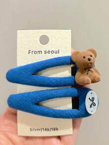 2PCS Korean Style Flocked Bear Hair Clips, Soft Flocked Fabric Hollow BB Clips, Sweet Preppy Style Women's Daily Side Hair Accessories, Autumn/Winter Styling Essential - Multicolor - View 1