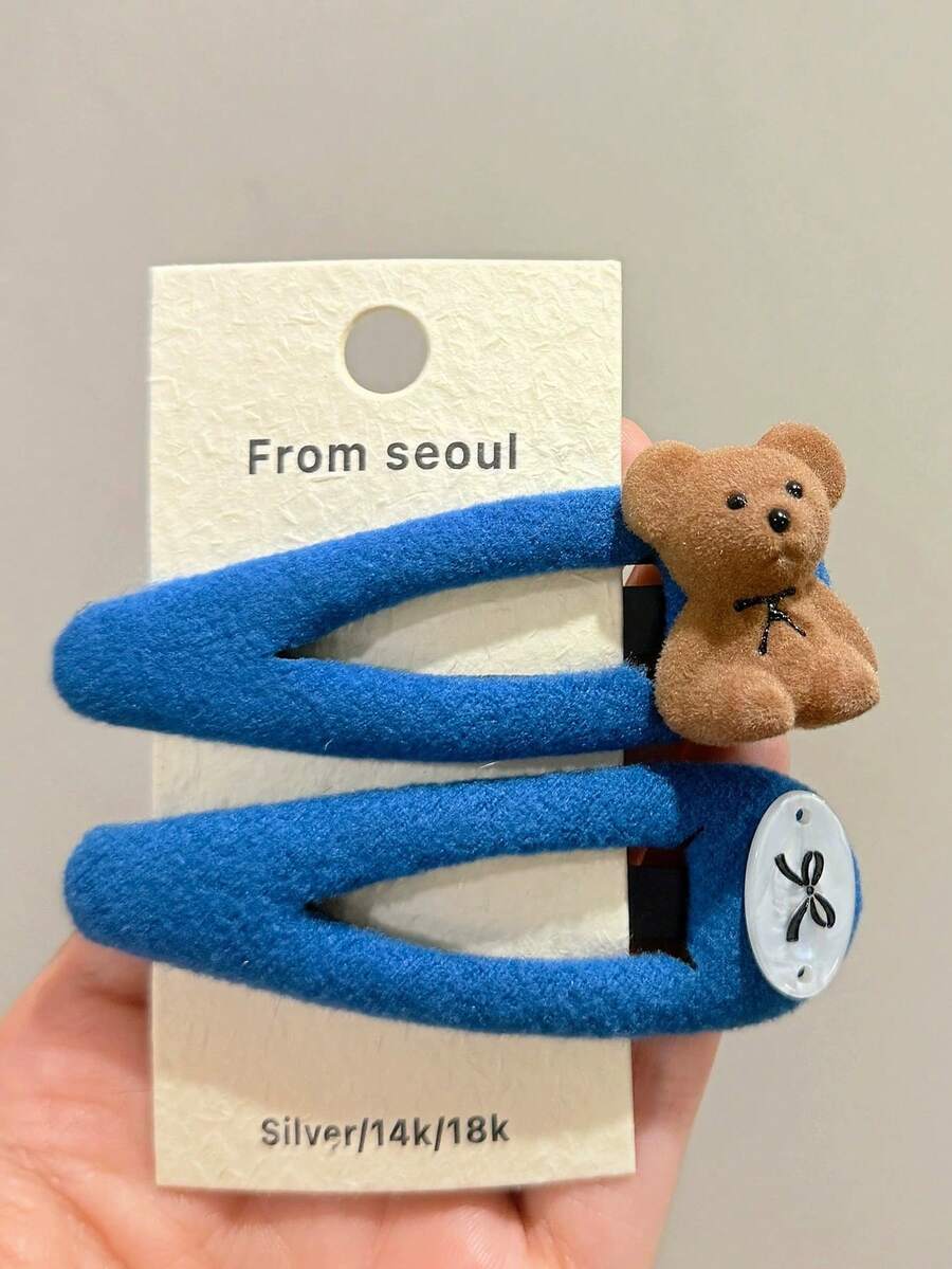 2PCS Korean Style Flocked Bear Hair Clips, Soft Flocked Fabric Hollow BB Clips, Sweet Preppy Style Women's Daily Side Hair Accessories, Autumn/Winter Styling Essential - Multicolor - View 1