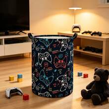 1pc Cartoon Game Controller Print Foldable Round Laundry Basket With Handle, Colorful Graffiti Video Game Pattern Fabric Storage Bin, Multi-Purpose Boy Toy Clothing Sundries Organizer, Suitable For Game Room Bedroom Decor - View 1