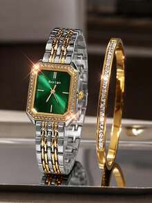2pcs Fashion Minimalist Square Face Women's Quartz Watch, Paired With Jewelry Bracelet Set, Suitable For Festivals, Parties, Weddings, Daily Wear, Best Gift For Women - Multicolor - View 1