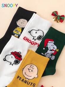 5 أزواج من جوارب منتصف الساق للنساء والرجال بنمط مخطط من سلسلة SNOOPY الأصلية بتصميم كرتوني مرح وشخصي ل- Charlie Brown، بأسلوب عيد الميلاد - متعدد الألوان - مشاهدة 4