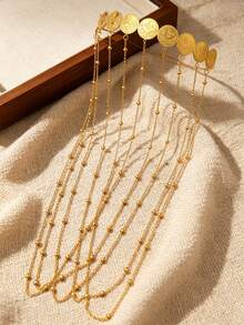 1Pc Vintage Gold Multi‑Layer Tassel Headband, Embossed Coin Bead Long Dangle Chain Hair Ornament For Wedding Banquet - Gold - View 7