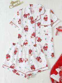 2pcs/Set Comfortable Santa Claus Candy Print Short Sleeve Collared Top And Bow Shorts Women's Pajama Set - White - View 1