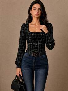 Women's Black Knitted Square Neck Top - Black - View 5