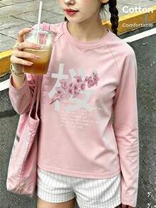 Autumn Girls Long Sleeve Tee With Pink Cherry Blossom Print And Japanese Text, Round Neck Raglan Sleeve, Light Purple - Baby Pink - View 3