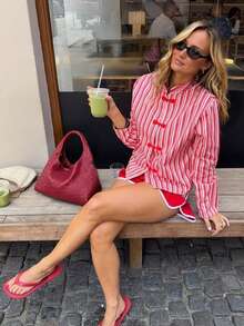 Women's Spring/Autumn Casual Striped Colorblock Random Print Long Sleeve Cardigan Shirt, Traditional Button Front Design, Suitable For Brunch And Outings - Multicolor - View 9