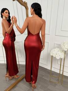 Women's Elegant Autumn Burgundy Metallic Fitted Halter Backless Slit Dress, Bodycon Long Dress, Suitable For Evening Party, Nightclub, Outing And Holiday Occasions, Christmas, New Year - Burgundy - View 2