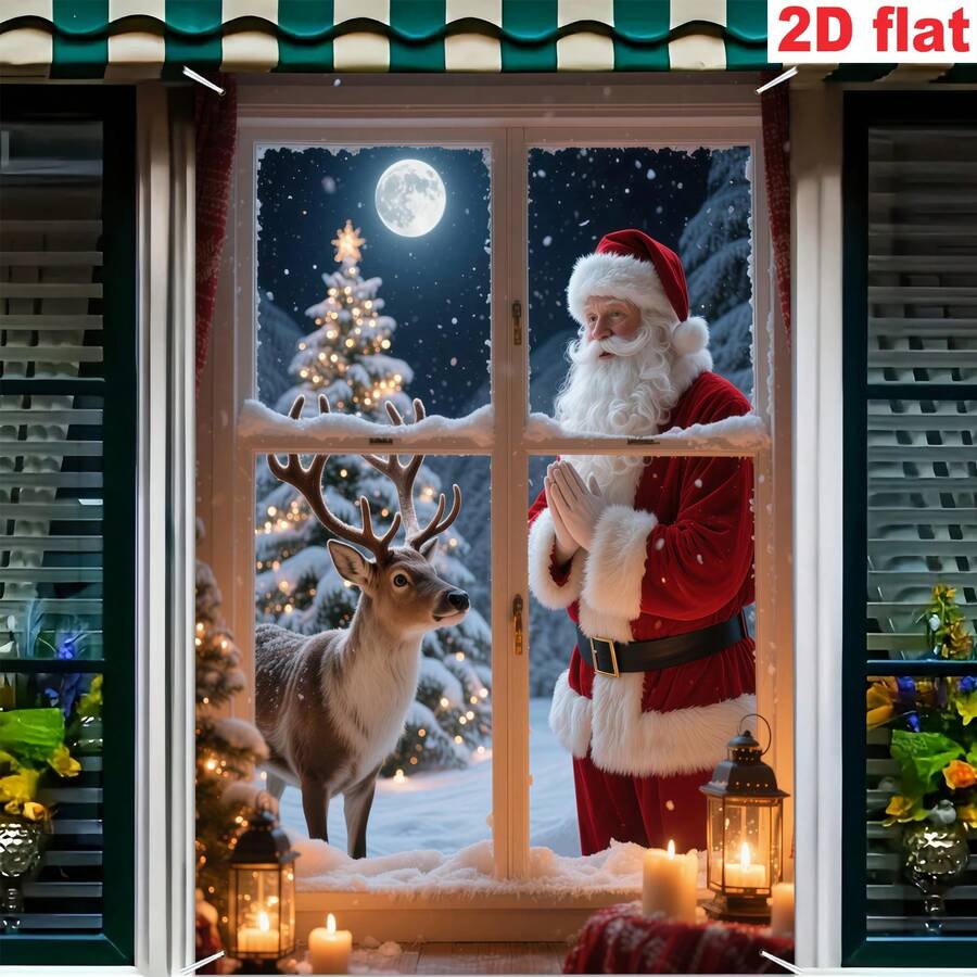 [Pai Ge Banner]1pc, Polyester Material, Christmas Theme Window Banner With Christmas Tree, Reindeer, Santa Claus Design For Christmas - Santa Claus Delivering Gifts - View 1