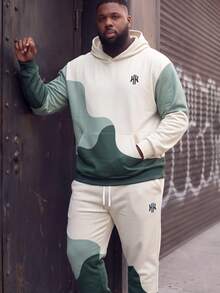 2pcs Plus Size Men's Black & White Gradient Print Sportswear Set - Sweatshirt + Pants, Street Casual Style - Suitable For Autumn/Winter Sports/Daily Wear - Multicolor - View 3