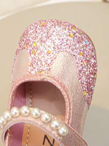 1 Pair Toddler Girls Pearl Decor Glitter Fabric Non‑Slip Round Toe Mary Jane Flat Princess Shoes For Party Daily Wear - Hot Pink - View 6