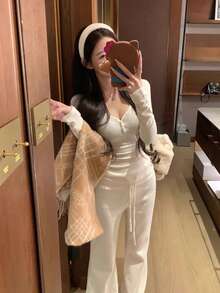 Women's Fitted Casual All-Match Button Long Sleeve Knit Top, Versatile Layering Blouse - Apricot - View 4