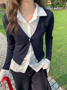 French Style Square Shoulder 2 In 1 Blouse Women High-End Long Sleeve Slimming Top - Navy Blue - View 6