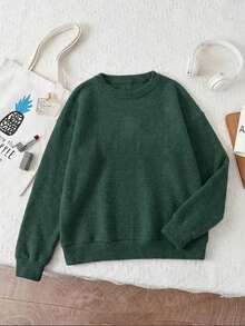 Women's Plus Size Solid Color Knitted Top, Long Sleeve Crew Neck Regular Fit Sweater, Ideal Choice For Autumn Outfits - Green - View 2
