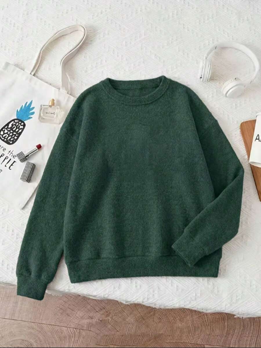 Women's Plus Size Solid Color Knitted Top, Long Sleeve Crew Neck Regular Fit Sweater, Ideal Choice For Autumn Outfits