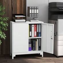 Metal Office Cabinet, Lockable Doors, Office Chest Of Drawers, 2-Tier Design, Black - White - View 8