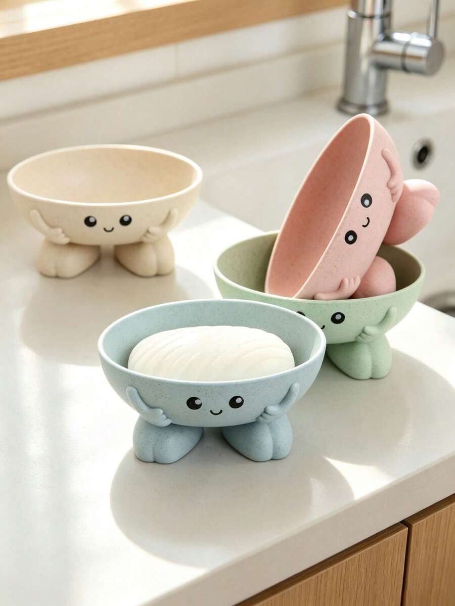 1pc Cute Cartoon Soap Dish, Wheat Straw Non-Slip Soap Holder, Cute 3D Smiling Face Hand-Shaped Figurine Storage Tray, Suitable For Bathroom Sink Countertop Bathroom Decor - Multiple Styles - View 1