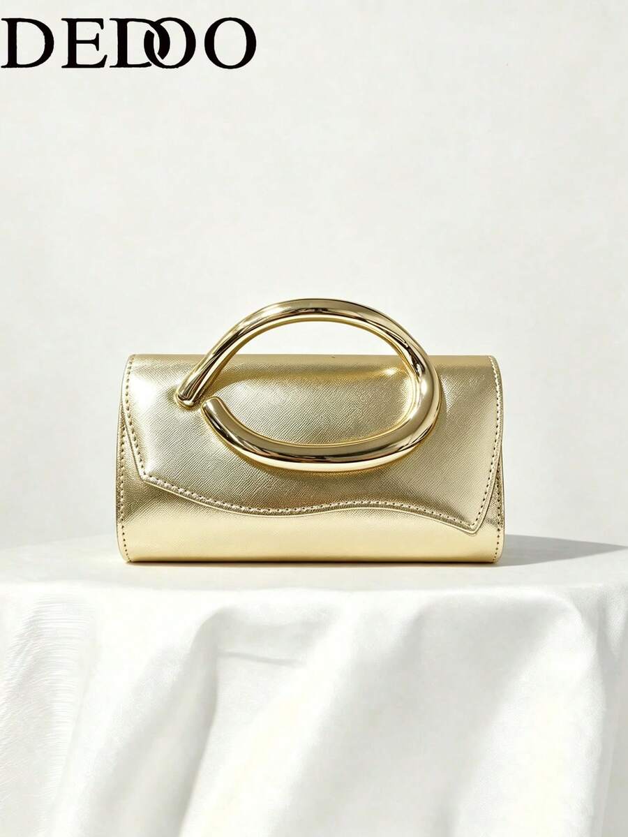 Dedoo Women's Evening Clutch Bag, Rectangular Flap Hard Shell, Curved Top Handle, Modern Minimalist Style, Suitable For Cocktail Party, Banquet, Formal Women's Handbag - Gold - View 1