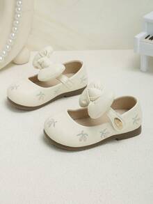 Toddler Little Girls Bow Decor Mary Jane Flats, Soft Non-Slip Sole Dress Shoes For Daily Party - Beige - View 2