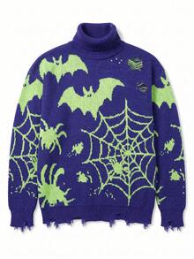 ANDREILEE Men's Halloween Sweater, Fashion Casual Bat Spider Web Funny Pattern Tassel High Neck Long Sleeve Loose Ribbed Pullover Knit Top, Autumn/Winter - Blue - View 6