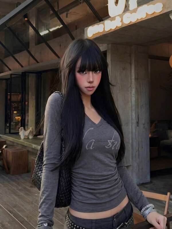 American Style V-Neck Rhinestone Letter Long Sleeve Waist-Cinching Women's Top, Autumn