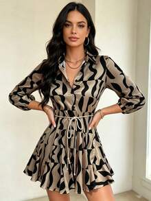 Minivestido camisero de mujer estampado en blanco y negro, manga tres cuartos, con cinturón de cuerda ajustable | Moda femenina moderna y versátil - Negro - Ver 3