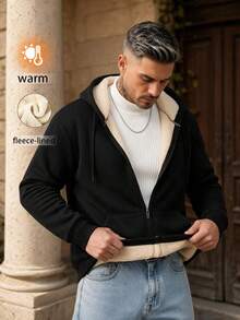 Men's Winter Casual Solid Color Minimalist Hooded Thermal Lined Jacket - Black - View 3