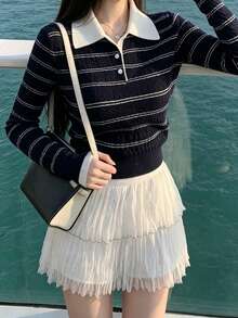 Vintage Striped Knit Sweater Women Long Sleeve Niche Textured Versatile Commute Casual Top Random Cut - Navy Blue - View 7