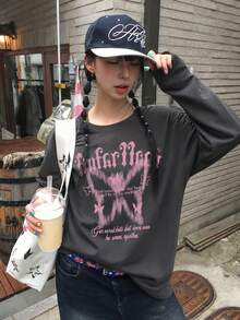 Y2K甜酷紮染粉色蝴蝶印花長袖T恤，寬鬆顯瘦復古辣妹百搭女款長袖上衣 - 深灰色 - 查看 2
