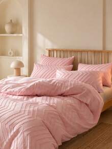 3-Piece Pink Reversible Quilted Geometric Pattern Duvet Cover Set (1 Duvet Cover + 2 Pillow Shams, Pillow Inserts Not Included), Soft Dual-Color Design Bedding Set, Suitable For Bedroom, Guest Room, Dormitory - Pink - View 2