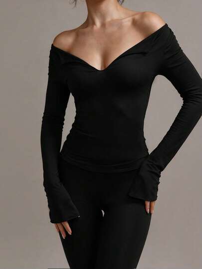 XLLAIS Sexy Deep V-Neck Long Sleeve Top Women's Summer Basic T-Shirt